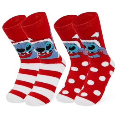 Imagem de Disney Stitch Pantufas femininas pacote com 2 meias fofas antiderrapantes de lã para cama Stitch Minnie Mickey Mouse Baby Yoda, Ponto vermelho, One Size