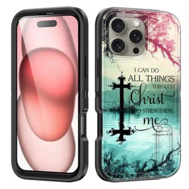 Imagem de BFUKVOU Capa para iPhone 16 Pro com suporte embutido, à prova de choque/poeira/queda, 3 camadas, capa protetora de grau militar para iPhone 16 Pro de 6,3 polegadas 2024, versículos bíblicos Filipenses