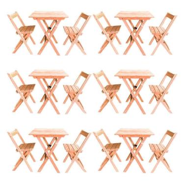 Imagem de Kit 6 Conjuntos Mesa Dobrável Para Bar E Restaurante 60x60cm Com 2 Cadeiras Em Madeira Maciça - Cru - Bege
