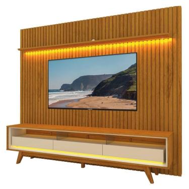 Imagem de Rack Bancada Requinte Com Painel Ripado Para Tv Até 90 Polegadas Led Nobre Madeirado/off White Gelius