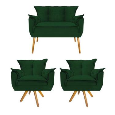 Imagem de Kit Namoradeira e 02 Poltronas Opala Base Giratória de Madeira Suede V