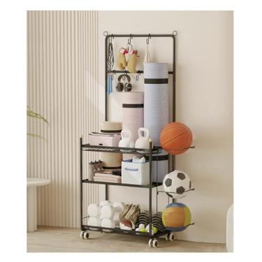 Imagem de Garage Sports Equipment Organizer，Home Gym Storage Holder，Lockable Sports Ball Cage Storage Rack， for Yoga Mat, Foam Roller,Yoga Strap,Resistance Bands,(Black,78.5 * 35.7 * 145cm/30.9 * 14 * 57in)