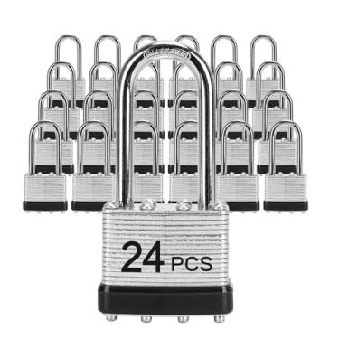 Imagem de Cadeados com a mesma chave, LQYN 24 peças de cadeado laminado com chave (1-9/40.6 cm, 40 mm), fechaduras com chave, manilha longa, para armário de armazenamento, trava de ferrolho, caixa de