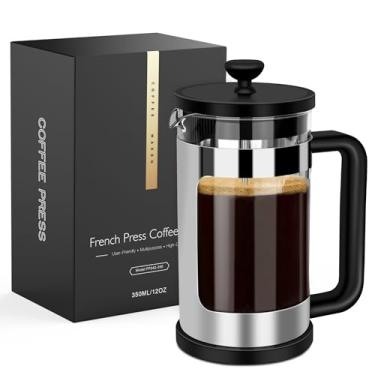 Imagem de Cafeteira French Press de 350 ml, mini prensa de café 1 xícara, prensa francesa de porção única, com 3 filtrações, vidro de borossilicato de espessura resistente ao calor, prensa de café para chá