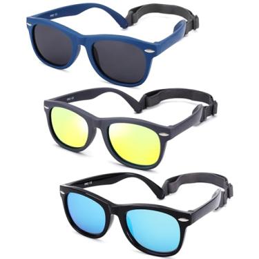 Imagem de Óculos de sol polarizados para bebês com alça - Óculos de sol infantis flexíveis inquebráveis para crianças de 0 a 24 meses (preto/azul + cinza/dourado + preto/azul) - pacote com 3