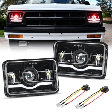 Imagem de BESTZHEYU 2 peças de faróis de LED 4 x 6 compatíveis com Chevrolet S10 Blazer Peterbilt Kenworth Oldsmobile Cutlass Trucks 1995-1997 com farol alto e olho turco vermelho retangular DOT faróis