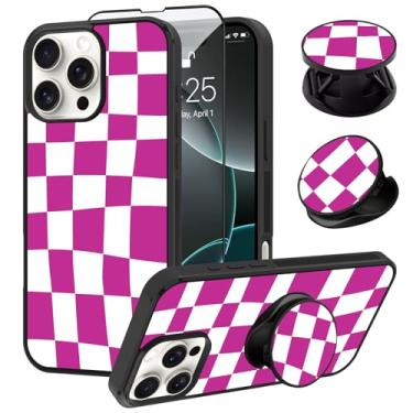 Imagem de SAKUULO Capa compatível com iPhone 16 Pro Max, [Protetor de tela + suporte] Design fofo e estético xadrez xadrez, textura de pneu, antiderrapante, à prova de choque, ultrafina, 17,5 cm