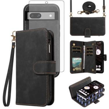 Imagem de Asuwish Capa de celular para Google Pixel 7A 5G 2023 com zíper carteira magnética destacável com protetor de tela de vidro temperado alça transversal alça flip porta-cartões Pixel7A A7 mulheres