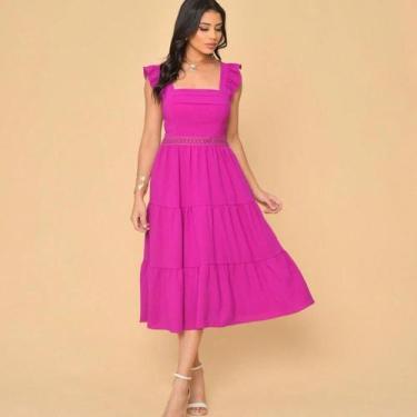 Imagem de Vestido midi luxo duna lisa com babada na manga e renda na cintura 001