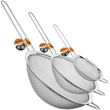 Imagem de Jogo 3 Peneiras em Aço Inox Resistente Luxo Para Coar Polvilhar Versátil, Durável, com Suporte para Panelas e Travessas, Resistente a Temperaturas e de Fácil Manuseio 8 a 20cm. PRÓODOS (10-16-20)