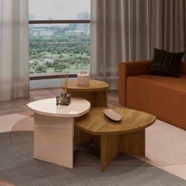 Imagem de Conjunto Sala de Estar 1 Mesa de Centro Oval e 2 Mesas Laterais Delta Pinho/Branco