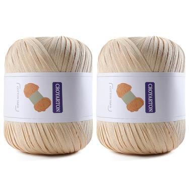Imagem de Pacote com 2 fios de ráfia para crochê, fio de algodão macio para crochê, bolsa de praia de verão / chapéu, 228 jardas/fio de papel de fita de 100 g para iniciantes, bolsa de tricô manual DIY (Cáqui)