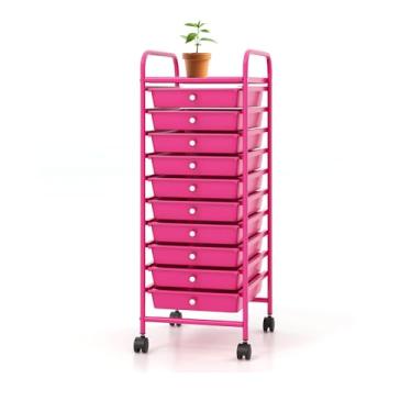 Imagem de OFFICEJOY Carrinho de armazenamento, carrinho utilitário com 10 gavetas, alças portáteis e rodas traváveis, organizador de armazenamento de brinquedos de papel móvel grande capacidade para professores