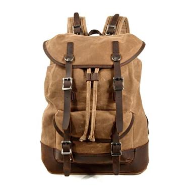 Imagem de Mochila masculina de lona encerada bolsa de viagem de grande capacidade mochila de acampamento masculina vintage mochila para laptop ao ar livre(Khaki)