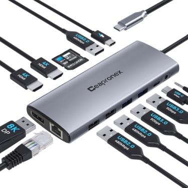 Imagem de Estação de ancoragem para laptop, hub UBS C Display triplo, monitores duplos 14 em 1, adaptador multiporta com 2 x HDMI 4K + 8K DP + USB C/A 100W PD + Ethernet + transferência de dados para MacBook/HP