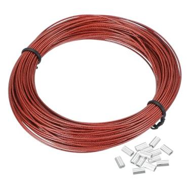 Imagem de PATIKIL Corda de arame de 1/81.3 cm, cabo de aço inoxidável 304 de 20 m revestido de vinil preto com 20 peças de mangas de crimpagem M1 para pendurar luzes de varais, fio de treliça, vermelho