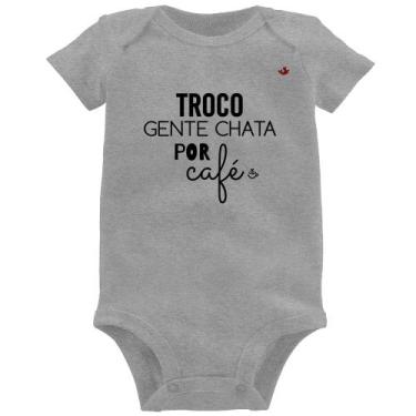 Imagem de Body Bebê Troco gente chata por café - Foca na Moda, Cinza, M