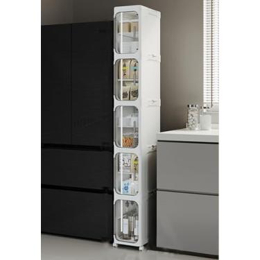 Imagem de Armário de armazenamento estreito de 5 camadas: organizador de plástico fino com portas e prateleiras ajustáveis, armário móvel à prova d'água para espaços pequenos, ideal para banheiro, cozinha,