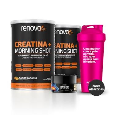 Imagem de Kit 2 Potes Creatina Monohidratada + Morining Shot Renova Be com Sabor + 1 Balm Alívio Dores massagem para relaxamento + 1 Coqueteleira Renova Be (144 gramas, Laranja)
