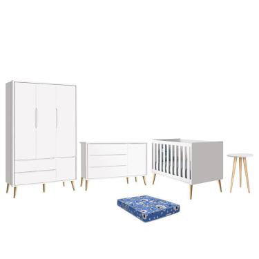 Imagem de Dormitório Theo Retrô 3 Portas, Cômoda 1 Porta, Berço, Mesa de Apoio com Pés Madeira Natural e Colchão - Reller Móveis Branco Fosco