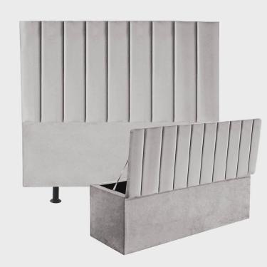 Imagem de Kit Cabeceira Estofada e Calçadeira Baú Recamier Carla 160cm Queen Size Sintético Cinza Claro - Ahz Móveis