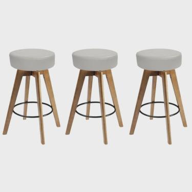 Imagem de Kit 03 Banqueta Alta Redonda Giratória Elsa Madeira Balcão Bistrô Cozinha Corino Bege - Ahz Móveis