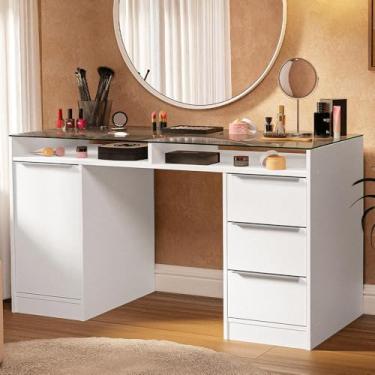 Imagem de Escrivaninha Penteadeira 136cm 1 Porta 3 Gavetas Tampo de Vidro Branco Madesa