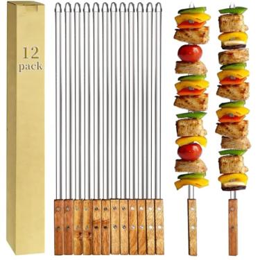 Imagem de Amestar Pacote Com 12 Espetos De Kebab, Churrasco, Palitos Planos Aço Inoxidável 22 Polegadas, Resistentes, Grandes E Largos, Reutilizáveis Cabo Madeira Antiderrapante, Ideais Para Shish Frango, Cam