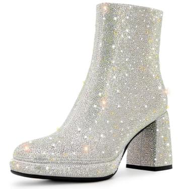 Imagem de FINDVELL Botas De Strass Femininas, Salto Grosso, Plataforma Brilhante, Botinhas De Cano Curto Com Glitter, Sapatos Para Casamento, Tamanho 11