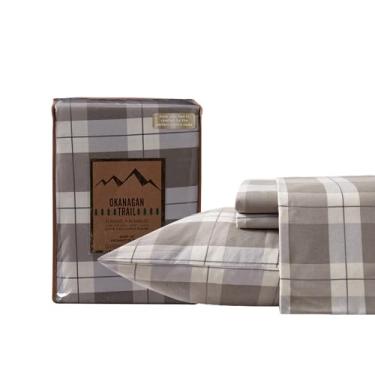Imagem de New Season – Conjunto de lençóis de flanela Queen 100% algodão suavemente escovado – Lençóis de cama estampados elegantes – Conjunto de lençóis quentes e respiráveis (xadrez cinza estampado, duplo)