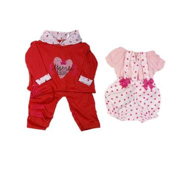Imagem de Kit Roupinha Bebê Reborn Jardineira+Pijama 5 Peças Vermelho - Mamãe Re