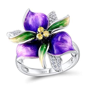 Imagem de HAIXIAN Anel de flor esmaltada colorida para mulheres, resina banhada a platina, floral, coquetel, festa, joia de presente para ela, Platina, Zircônia cúbica