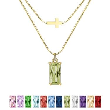 Imagem de SILANER Colar feminino com pedra do mês de nascimento de esmeralda banhado a ouro real 14 K, pingente de cruz delicada, pingente de zircônia cúbica, presente de aniversário para mulheres, joias, Latão