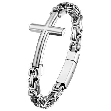 Imagem de Rofusn Pulseira masculina de cruz de corrente bizantina: joia religiosa de aço inoxidável presente para punk católico cristão hip hop, Standard, Aço inoxidável, Sem Pedra Preciosa