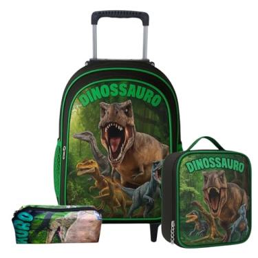 Imagem de Kit Mochila de Rodinha Escolar Infantil Menina e Menino + Lancheira + Estojo Grande Necessaire (Dinossauro)
