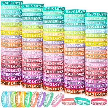 Imagem de Lewtemi 100 pulseiras Jesus Loves You pulseira cristã de silicone a granel pulseiras coloridas de borracha motivacional para homens e mulheres lembrancinhas de festa (cor macaron)