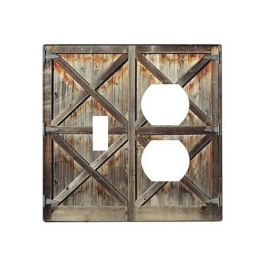 Imagem de Portas de celeiro de madeira marrom decorativa capa de tomada 1 interruptor de luz dupla 1 placa de interruptor de luz dupla placas de receptáculos de eletricidade para casa cozinha sala de estar 4,6