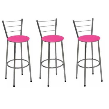 Imagem de Kit 3 Banquetas Altas Cromada com Encosto Assento Rosa - Fortmix