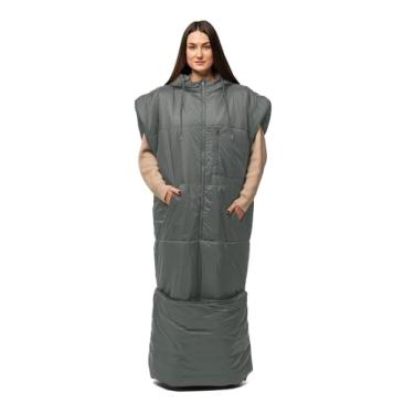 Imagem de Relexit Saco de dormir adulto com capuz, design sem mangas, cordão ajustável, impermeável, saco de dormir ideal para acampar, clima frio, cinza