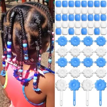 Imagem de VENOFEN 60 peças de presilhas de cabelo com dobradiça azul e branca flor de plástico, lindas contas de dreadlock, contas de pônei de acrílico dos anos 80, 90, acessórios para meninas