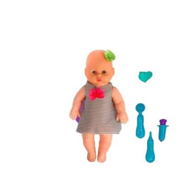 Imagem de Boneca Infantil com Vestido Listrado, Acessórios de Cabelo, 3 Peças, Cor Coral