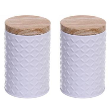 Imagem de Kit 2 Potes Porta Mantimento Café Açúcar Lata De Metal Bambu - Amigold