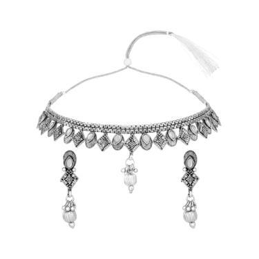 Imagem de Aheli Colar de gargantilha cravejado de pedra sintética branca banhada a prata brincos étnicos conjunto de joias presente para mulheres, Onesize, Cobre, Pedra sintética