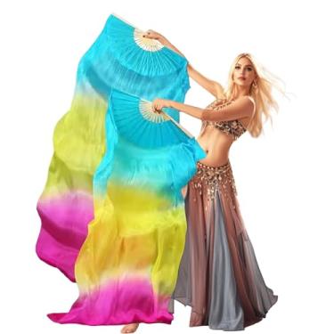 Imagem de Leemiman Par de véus profissionais para fãs de dança do ventre (esquerda + direita), véus de leque de seda sintética de 180 x 90 cm para apresentações de dança oriental (rosa amarela turquesa)