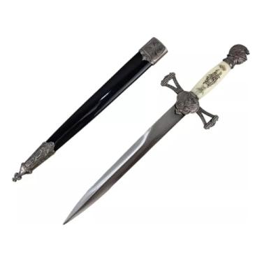 Imagem de Adaga Medieval Decorativa Templária, Espada Curta com Bainha, 35cm, Acabamento em Prata Envelhecida
