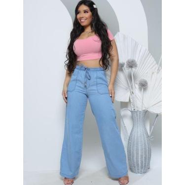 Imagem de Calça Wide Leg Feminina Larga Pantalona com elástico na cintura Jeans 
