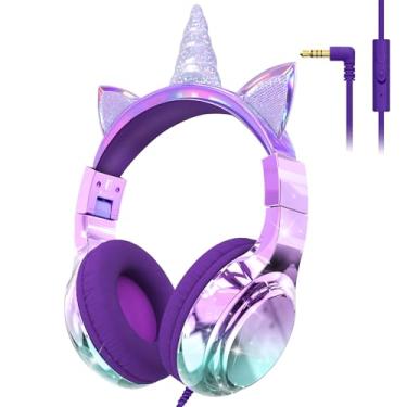 Imagem de QearFun Fones de ouvido infantis unicórnio com cabo para meninas com microfone, limitador de volume seguro de 85/94 dB, porta compartilhada, fone de ouvido com fio brilhante dobrável para escola