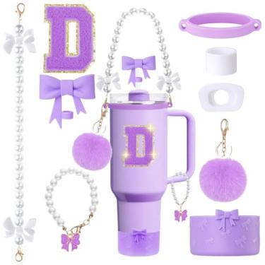 Imagem de MOTEERLLU Conjunto de acessórios de copo Stanley roxo de 9 peças para copo de 850 g 1,134 g com alça, incluindo enfeite de palha de arco e bota, alça de alça de pérola e pingente de alça, adesivo de