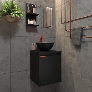 Imagem de Kit Gabinete Banheiro Completo Cuba Espelheira com Espelho Decoração Vintage de Madeira Nórdico e Puxadores Terracota(Preto)