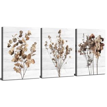 Imagem de Arte de parede de flores abstratas, imagens florais secas em marrom, decoração de parede, minimalista, botânica, impressões, pinturas de flores silvestres, casa de fazenda, arte para quarto, sala de